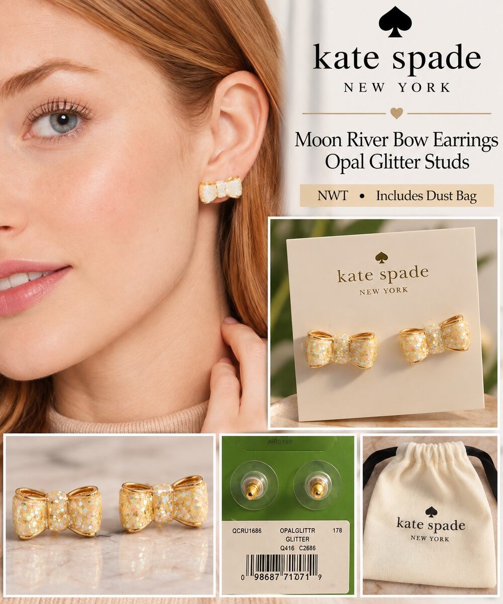 Kate Spade Moon River Bow Earrings Opal Glitter Studs + Dust Bag NWT